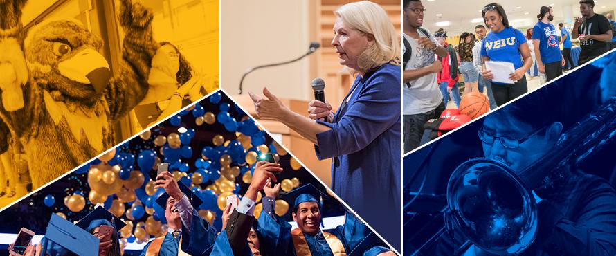 A collage of photos shows lectures, musical performers and an image of Goldie the mascot.