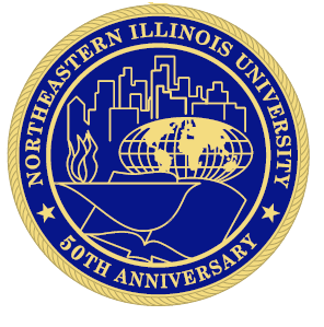 The University Seal that depicts the city, the globe, a torch and a book in gold on a blue circle with the words Northeastern Illinois University  50th Anniversary 