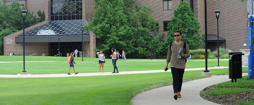 Students walking around campus