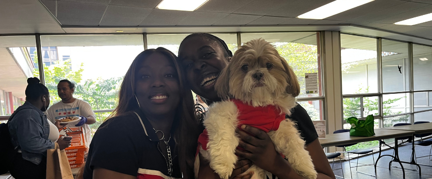 students interacting with a puppy therapist at a stress free event