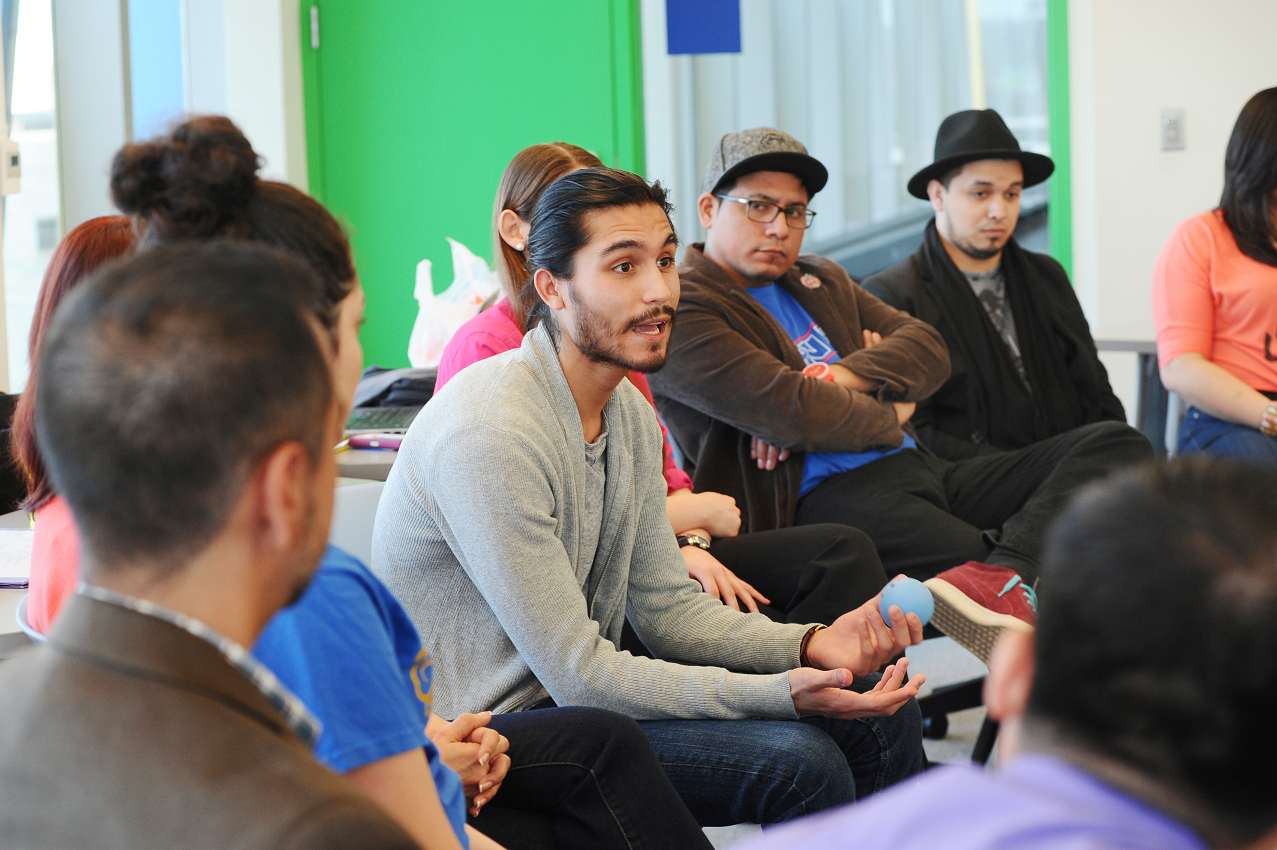 Students are discussing in a group.