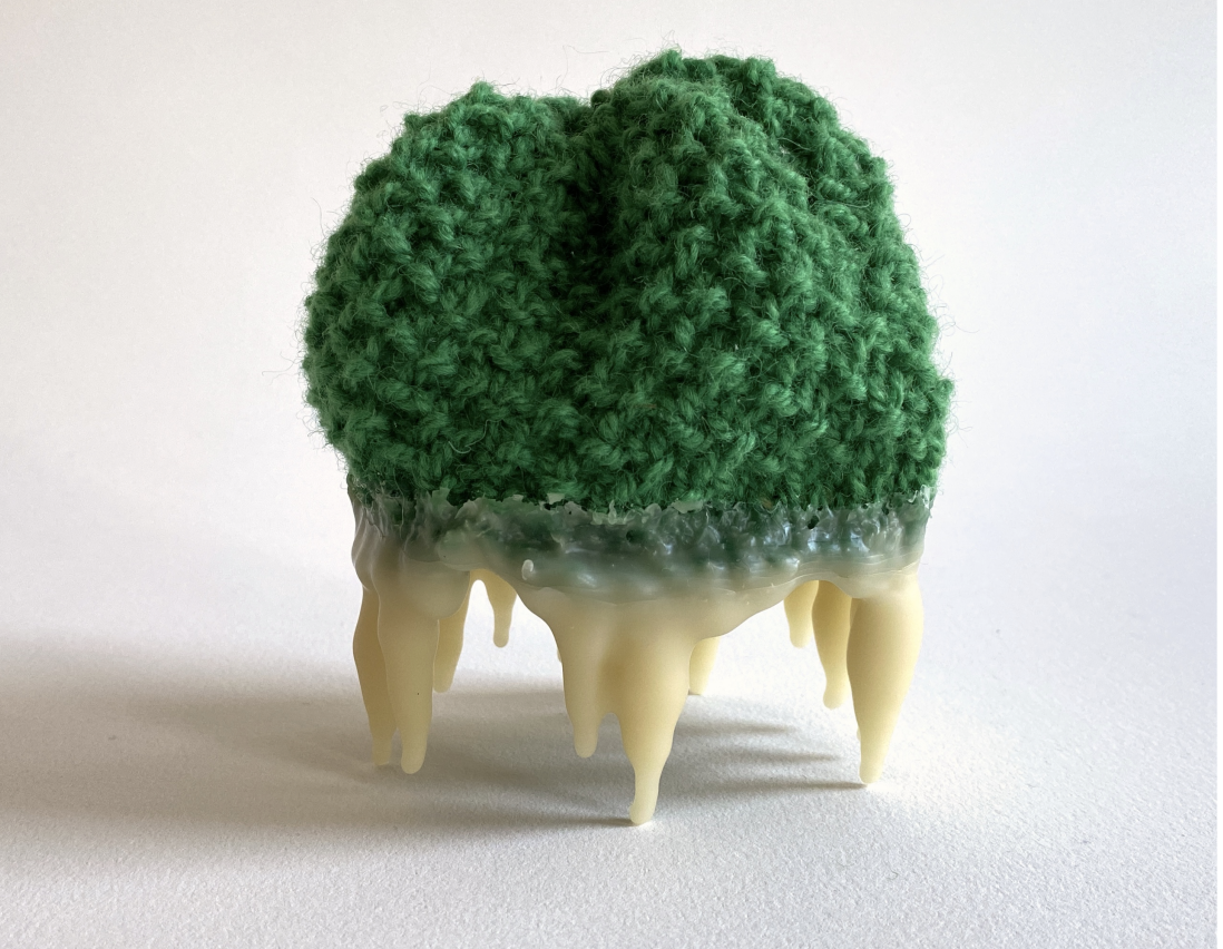 Sculpture made of knitted textile and beeswax