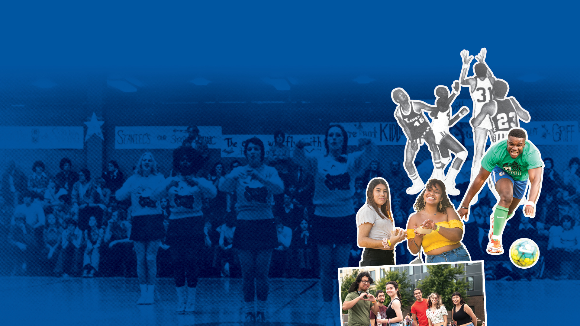 Blue tone image of cheerleaders centered with basketball players on righthand side.