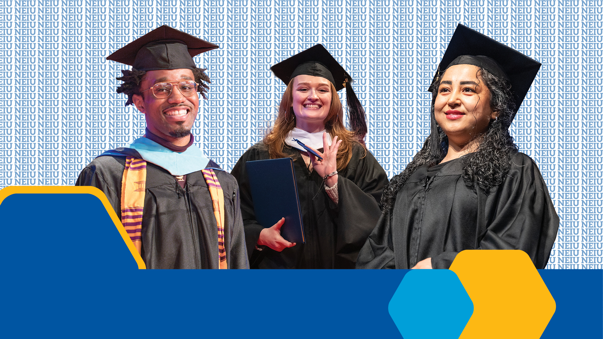 Three graduate students in cap and gown. 