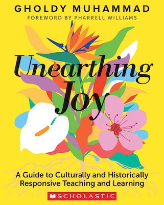 An image of the cover of the book "Unearthing Joy." The cover is yellow with a graphic of different colored flowers and the title in the center.