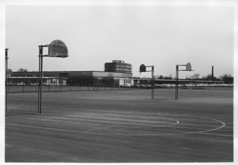 Basketball courts were once located where the current Ronald Williams Library building now stands.