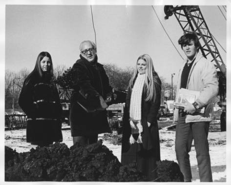 Northeastern President Jerome Sachs poses with students during the January 1971 groundbreaking ceremony for the Classroom Building.