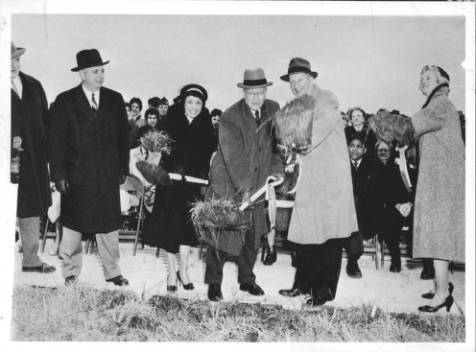 Members of the School Board attend the groundbreaking ceremony for the North Side branch of Chicago Teachers College on North St. Louis Avenue on March 31, 1960.