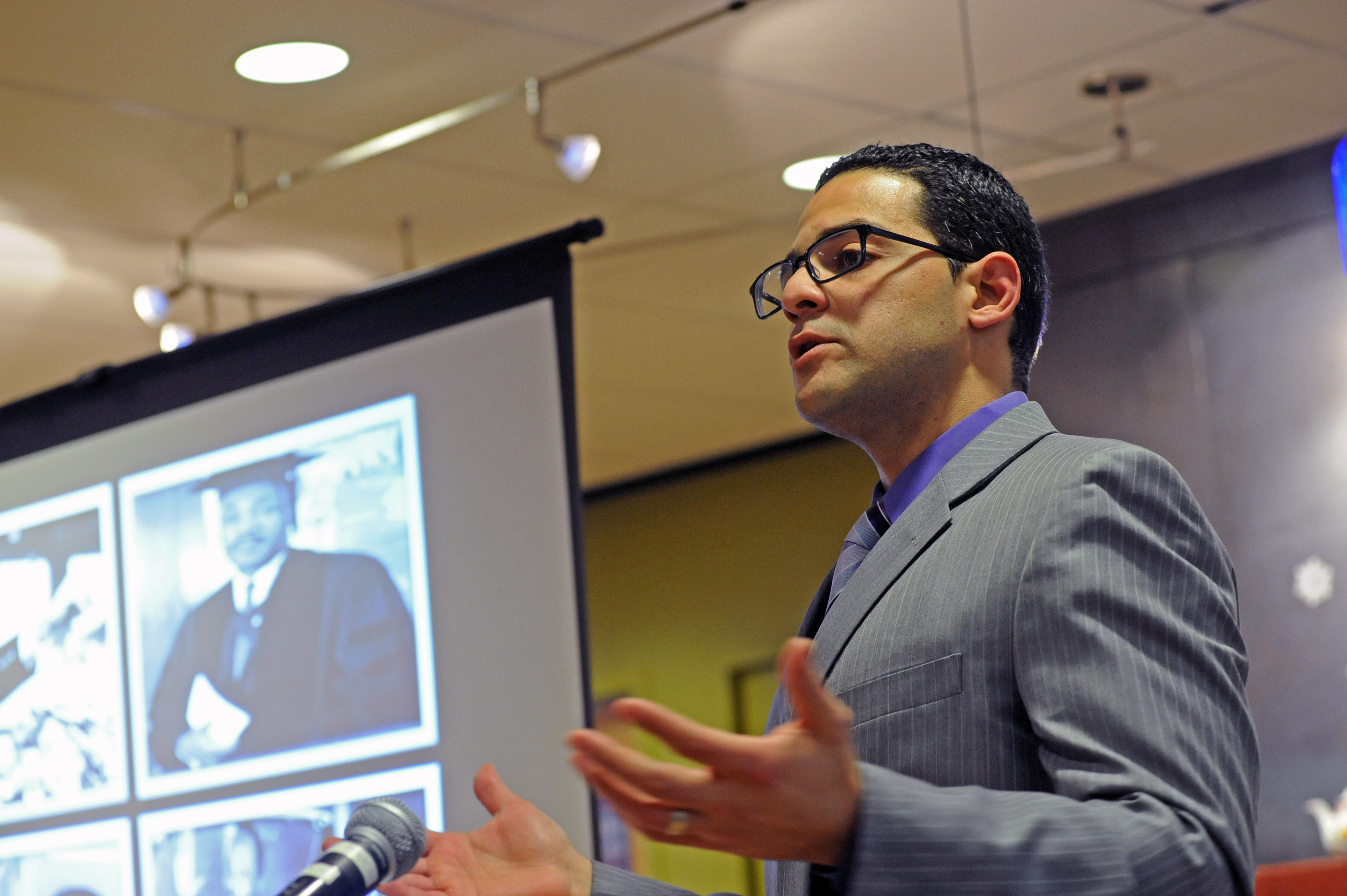 Communication, Media and Theatre Assistant Professor Wilfredo Alvarez delivers a lecture about Martin Luther King Jr. on Jan. 15.