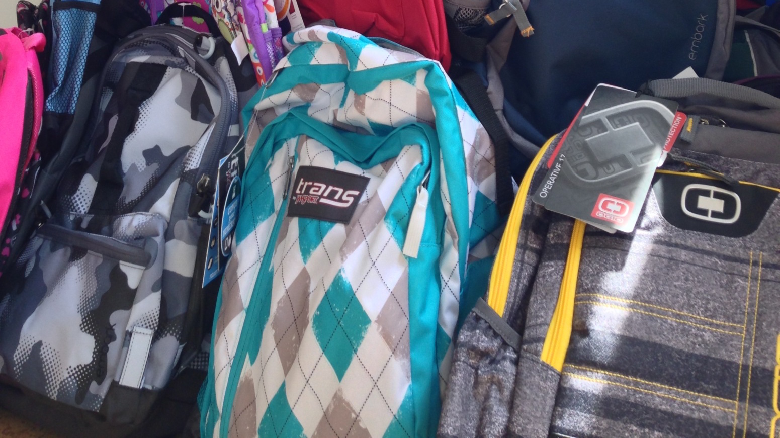 A display of backpacks