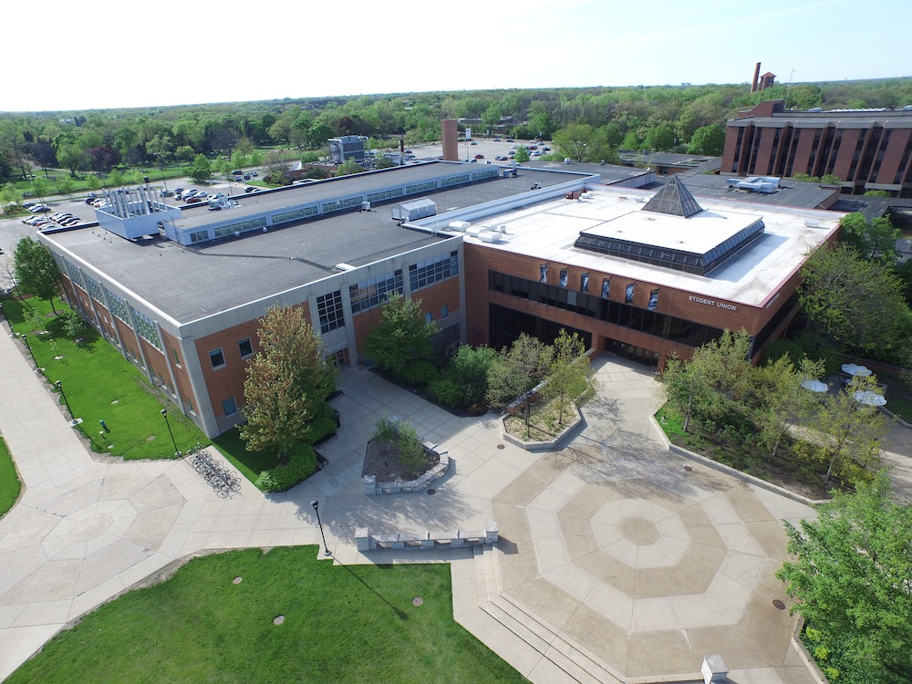 Aerial view of Student Union and Fine Arts Center buildings