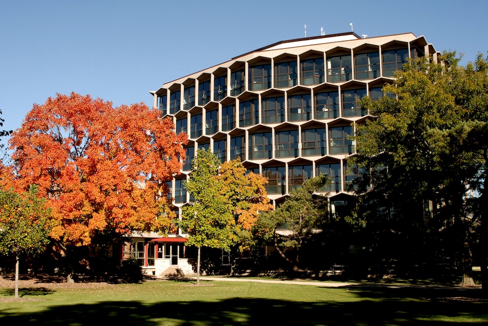 Exterior of the Sachs Administrative Building in fall
