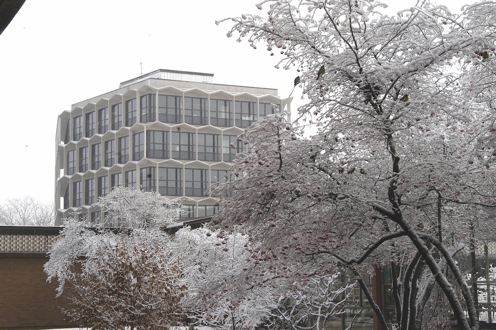Exterior of the Sachs Administrative Building in winter
