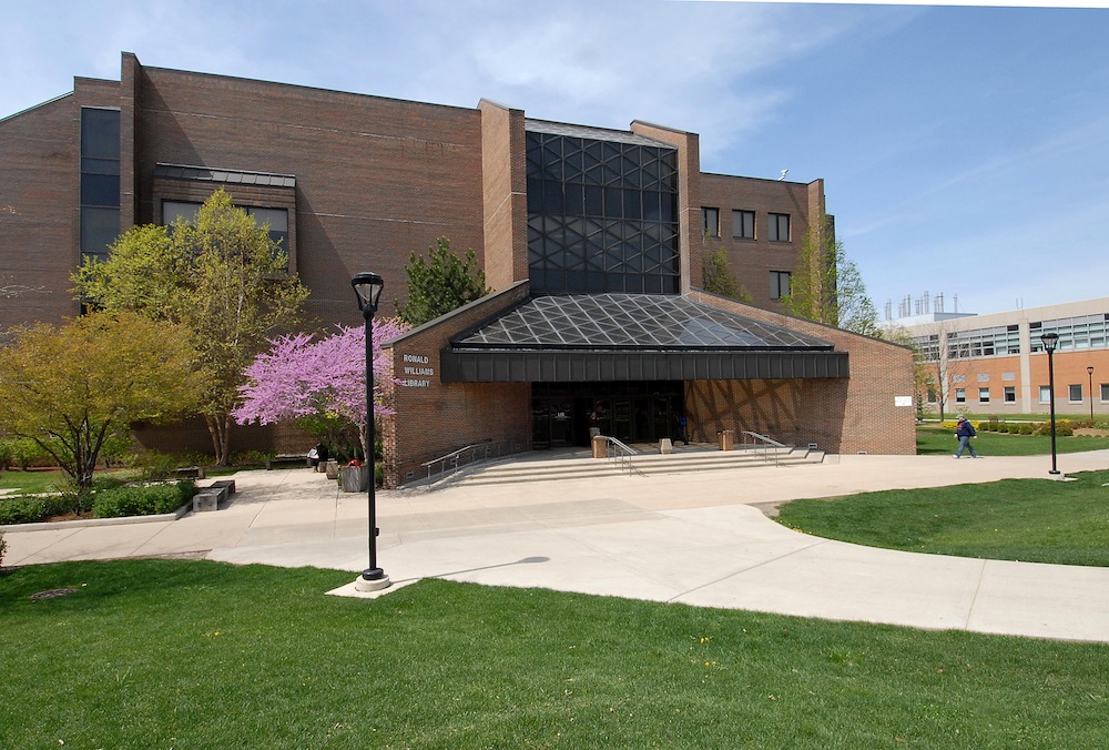 Exterior of Ronald Williams Library in spring