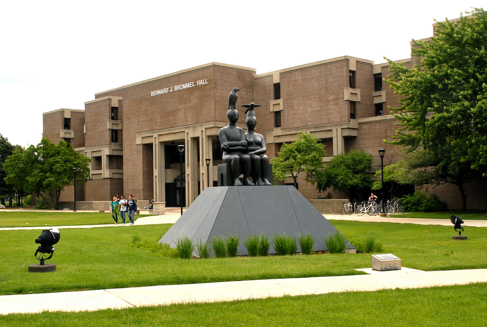 Exterior view of Brommel Hall with Serenity sculpture in the foreground