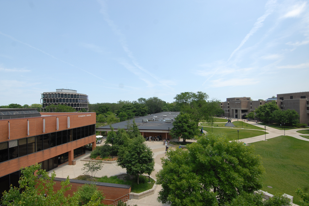 Elevated view of Student Union Building and University Commons