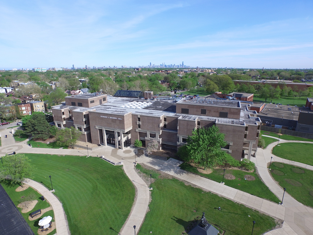 Aerial view of the University Commons and Bernard Brommel Hall with the Chicago skyline on the southeast horizon