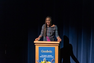 Dr. Ngozi Ezike speaks at a lectern at the Goodwin Lecture