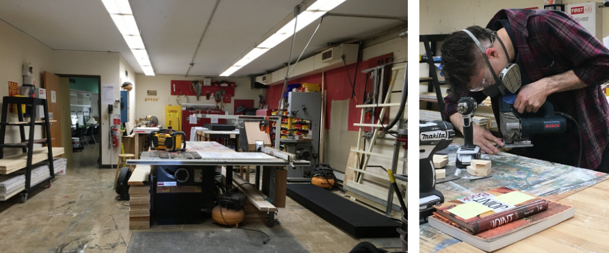 scene shop and a student works on a woodworking project