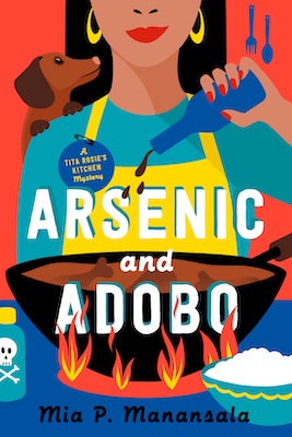 Image of the book cover "Arsenic and Adobo" which features an illustration of person with a dog on their shoulder pouring a liquid into a pot over a flame