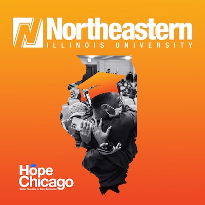 A composite image of two people hugging within the shape of the state of Illinois set against an orange background with the words Hope Chicago in white