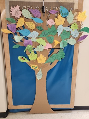 A photo of the paper tree in Northeastern Illinois University's Bernard J. Brommel Hall. 