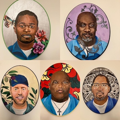 Portraits of Darnell Maurice Lane, Michael James Bell, Juan A. Luna, Reginald Terrell BoClair and Daniel Edward Perkins, painted by Helen Sanchez Cortes.