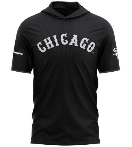 NEIU x White Sox co-branded short-sleeve hoodie in black. Chicago is written on the front with Northeastern on the right sleeve and the White Sox on the left sleeve.