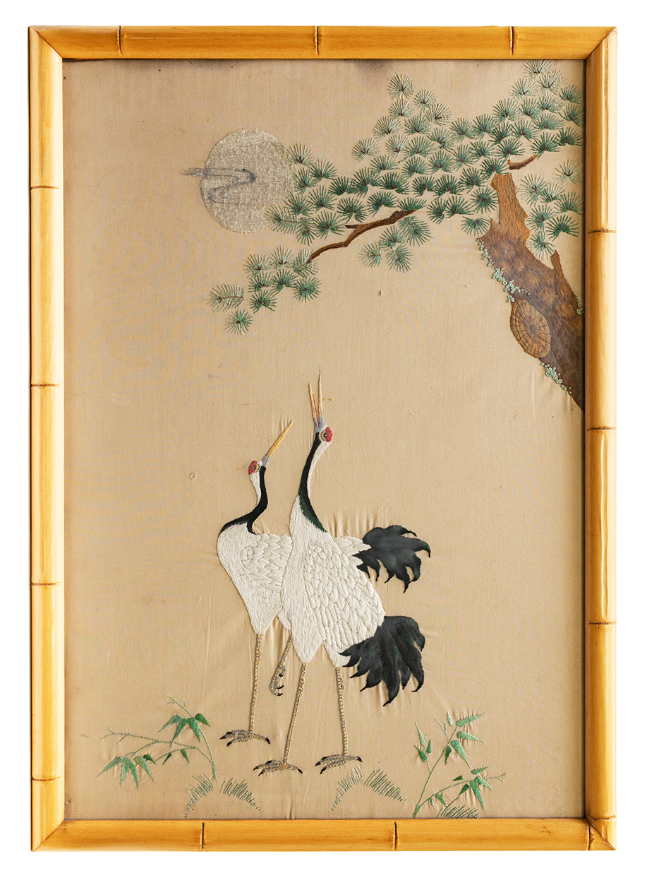 Bunka Shishu (embroidery thread-painting) of Cranes, Rui Tominaga Maruyama, 1943