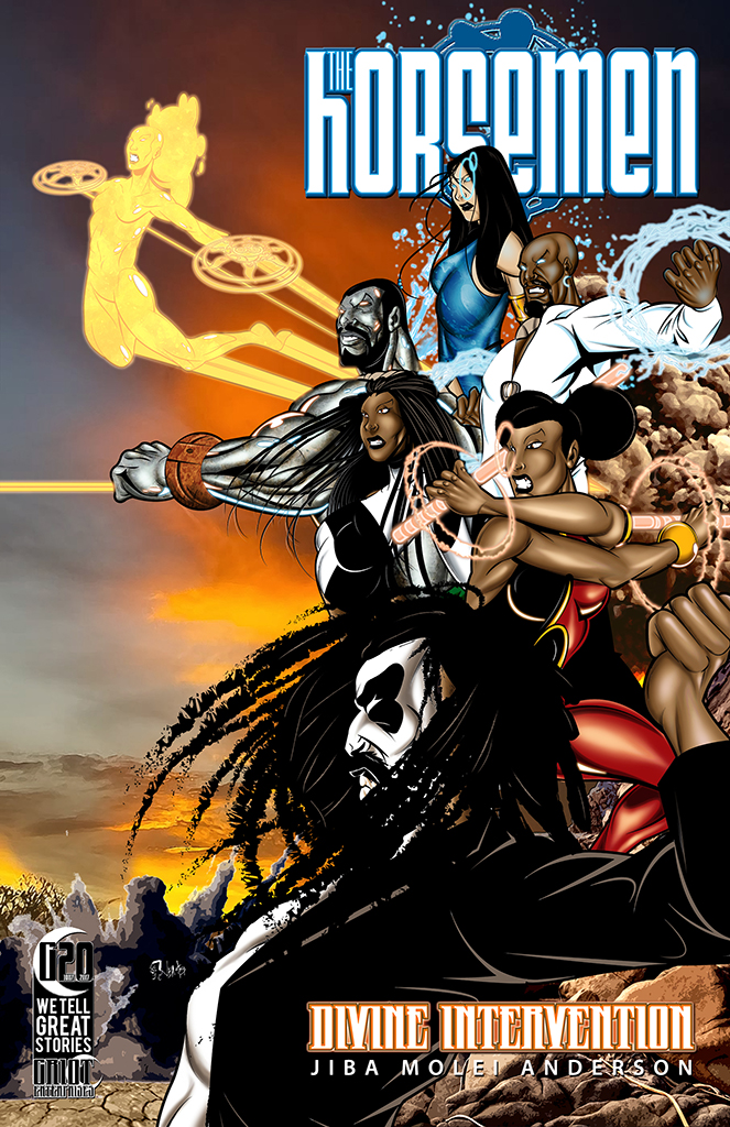 Image of graphic novel cover: super hero figures all facing left