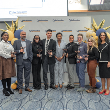 DeMara Campbell, Manish Kumar, Nicole Holland, Saul Manon-Arellano, Gloria J. Gibson, Jessie Fuentes, Laurie Fuller, Brooke Mullins and Shireen Roshanravan pose for a photo at the second annual President’s Inclusive Excellence and Diversity Awards.
