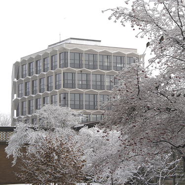 A photo of Northeastern's Sachs Administrative Building surrounded by trees, covered in snow. 