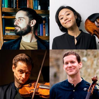 A collage of portraits the four members of Telsa Quartet holding their instruments.