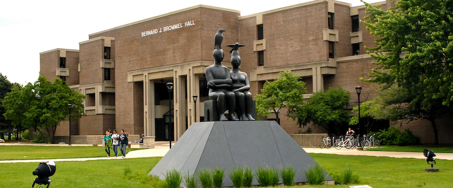 The northern exterior of Brommel Hall with the Serenity sculpture in the foreground