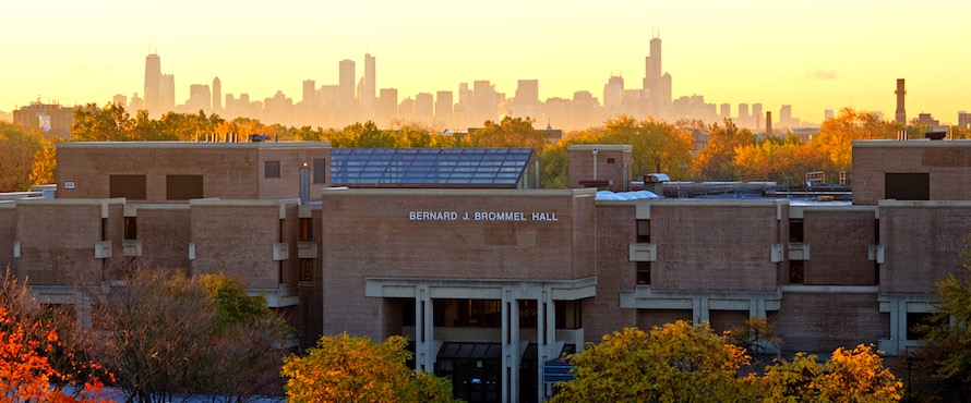 A photo of the sunrise over Northeastern's Main Campus, with Bernard J. Brommel Hall in the foreground surrounded by orange, yellow and green-leafed trees and the Chicago skyline in the background.