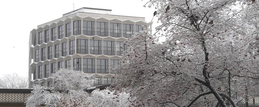Sachs Administration Building in the snow 
