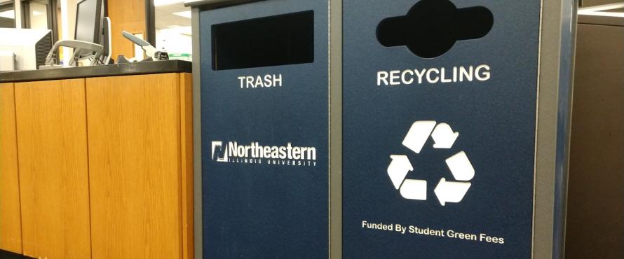 Photo of recycling bins in NEIU's library