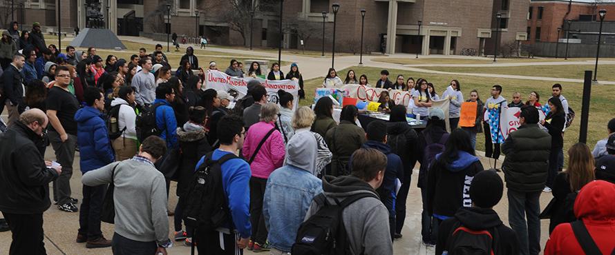 Student rally outside of Student Union building