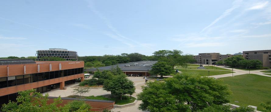 An elevated view of the University Commons and the Student Union building