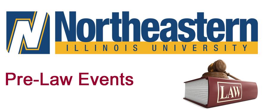The Northeastern Illinois University wordmark in blue and gold lettering and the words Pre-Law Events in red lettering