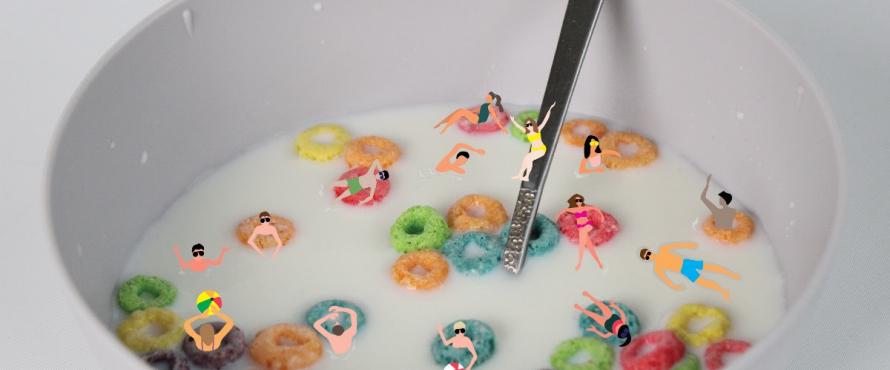 manipulated photograph with bowl of cereal with swimmers added