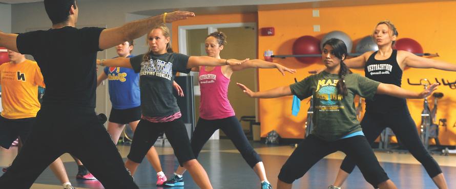 A photo of a group of people at a Northeastern Zumba class.