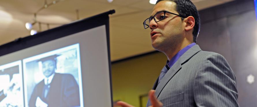 Communication, Media and Theatre Assistant Professor Wilfredo Alvarez delivers a lecture about Martin Luther King Jr. on Jan. 15.