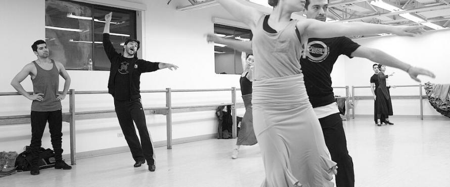 Guest choreographers Carlos Rodriguez (far left) and Angel Rojas work with dancers Abigail Ventura and Juan Carlos Castellon during rehearsals for “Iroko.”
