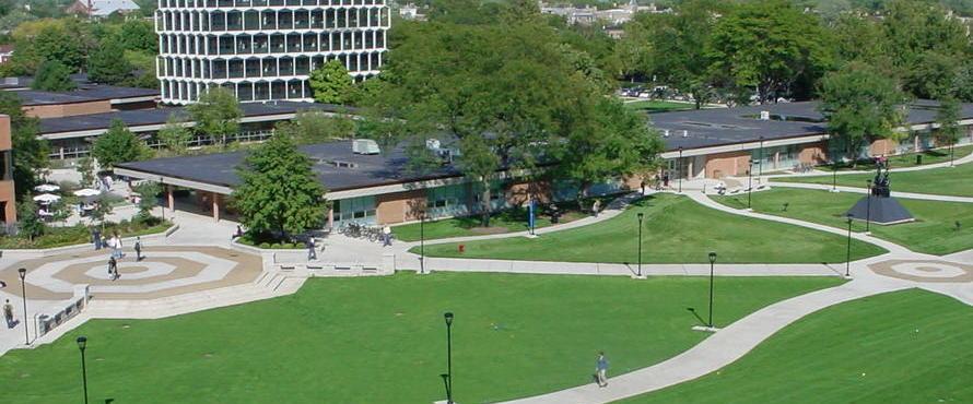 Aerial view of University Commons, B Building, and C Building