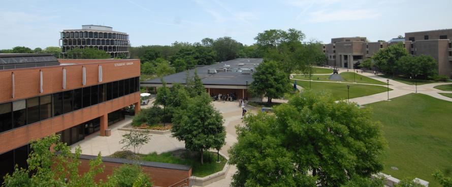 Aerial view of University Commons, B Building, and C Building