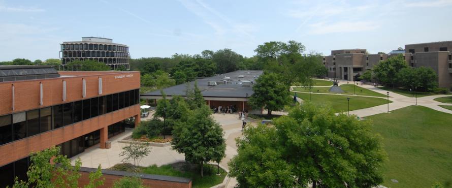 Elevated view of the Student Union and B buildings