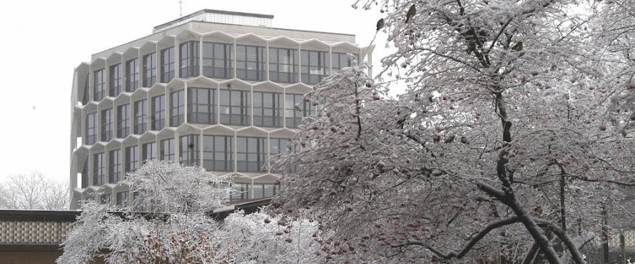 Exterior of the Sachs Administrative Building in winter