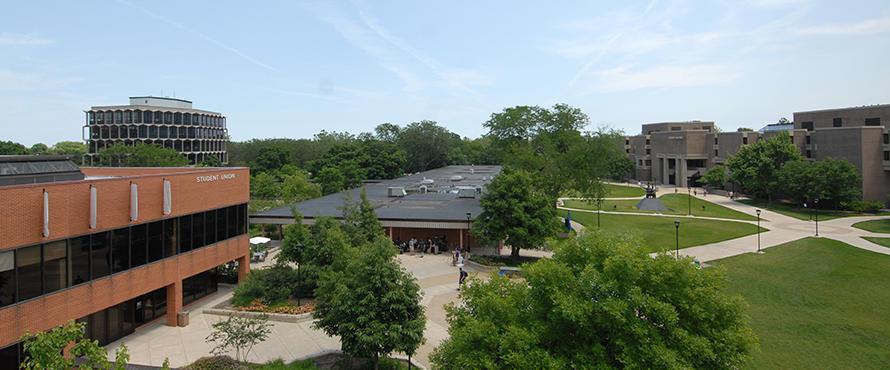 Elevated view of the Student Union and B buildings