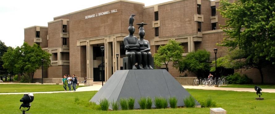 Exterior view of Brommel Hall with Serenity sculpture in the foreground